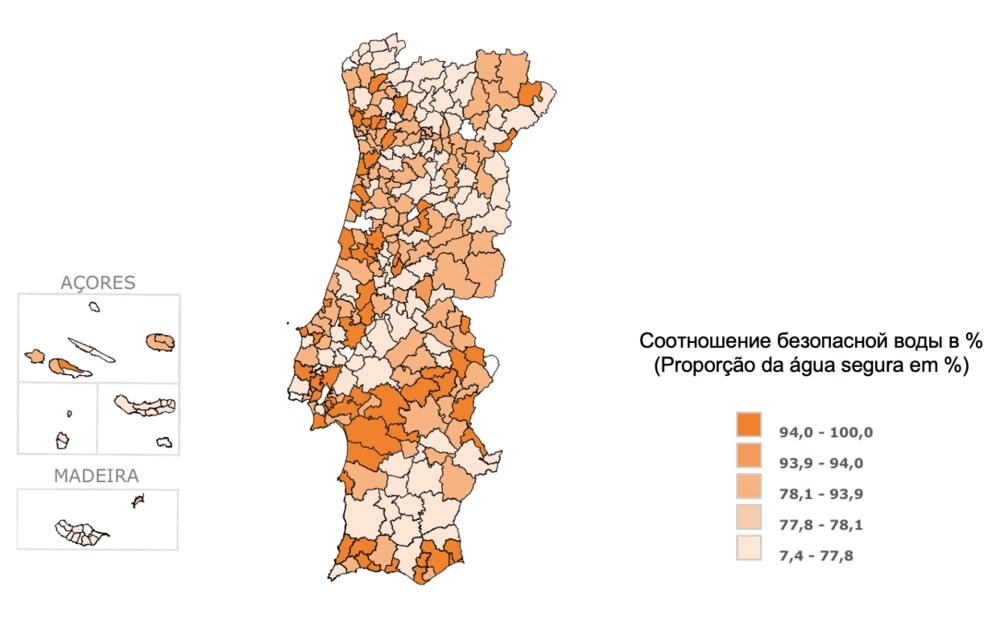 Изображение 1. Качество воды для потребления человеком по регионам Португалии на 2001 г.