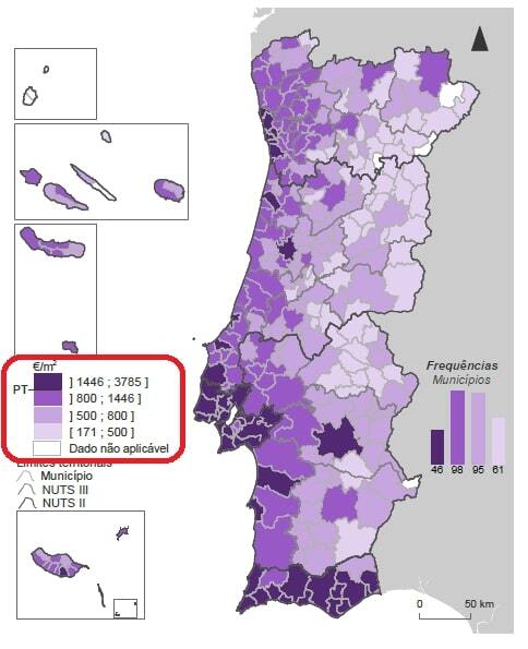 Municipalities of Portugal by distribution of prices per square meter of housing for purchase, 3rd quarter of 2022. Source: Ine.pt