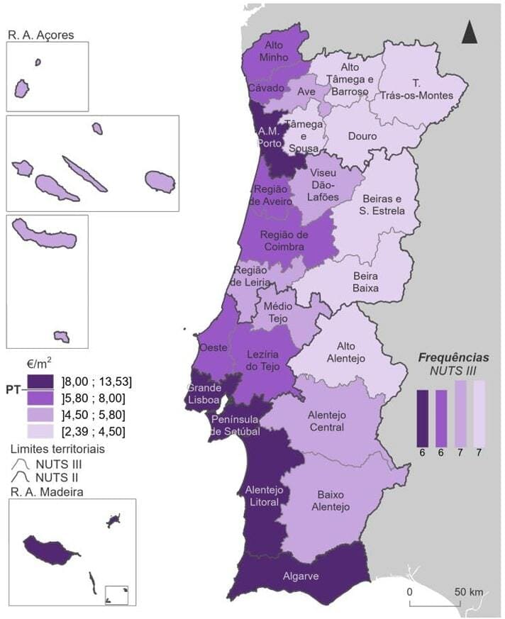 Регіони Португалії з розподілом за рівнем цін на оренду квадратного метра житла, 3-й квартал 2024 року. Джерело Ine.pt