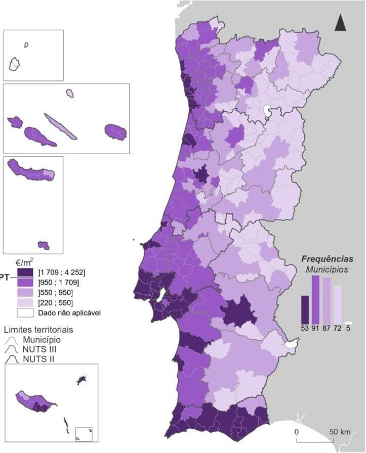 Муніципалітети Португалії з розподілом за рівнем цін на квадратний метр житла при купівлі, 3-й квартал 2024 року. Джерело Ine.pt