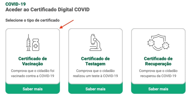 Изображение 1. Раздел “сертификат вакцинации” (certificado de vacinação)