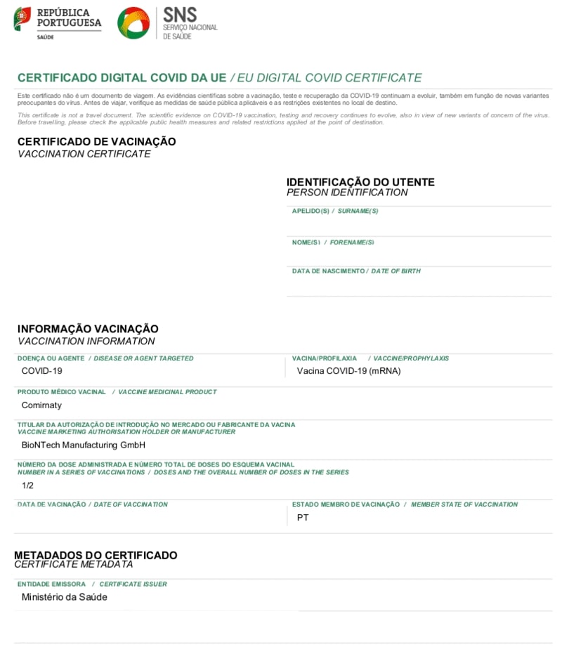 Изображение 5. Международный сертификат вакцинации, сделанной в Португалии