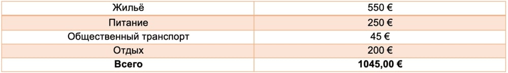 Таблица 5. Средняя стоимость жизни семейной пары без детей в городе Эвора