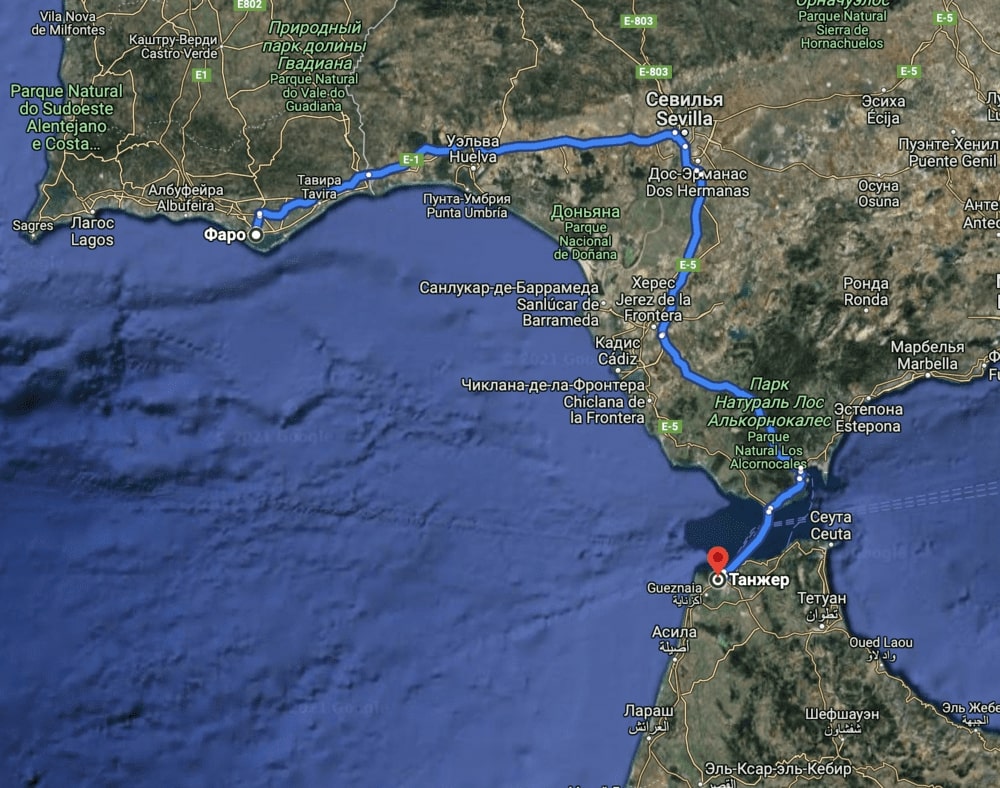 Изображение 3. Расстояние от Фару до Танжира (Марокко)