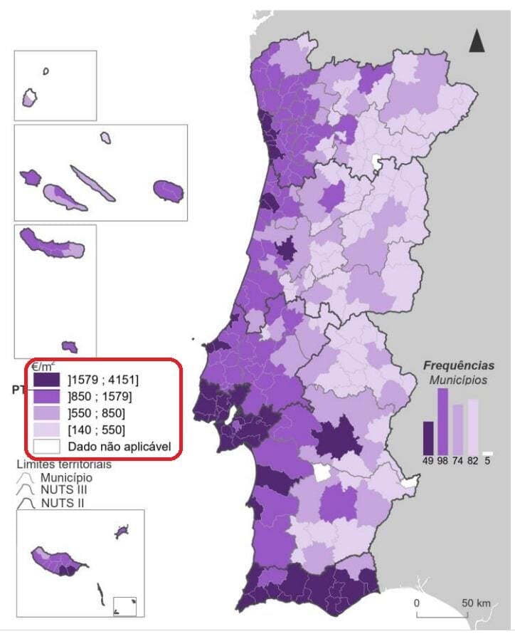Муниципалитеты Португалии с распределением по уровню цен на квадратный метр жилья при покупке, 3-й квартал 2023 года. Источник Ine.pt