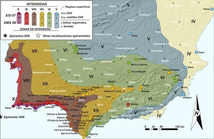 Карта интенсивности Лиссабонского землетрясения и цунами 1755 года