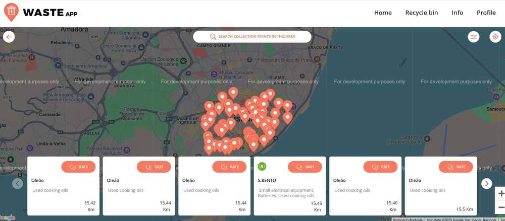 Зображення: знімок з екрана із сайту WasteApp з пунктами збору кулінарної олії в районі Лісабона.
