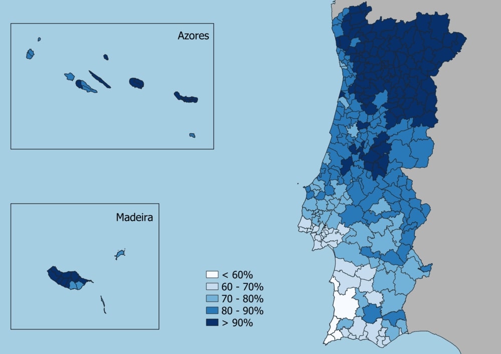 Відсоток тих, хто сповідує католицизм за муніципалітетом (перепис 2021 р.)