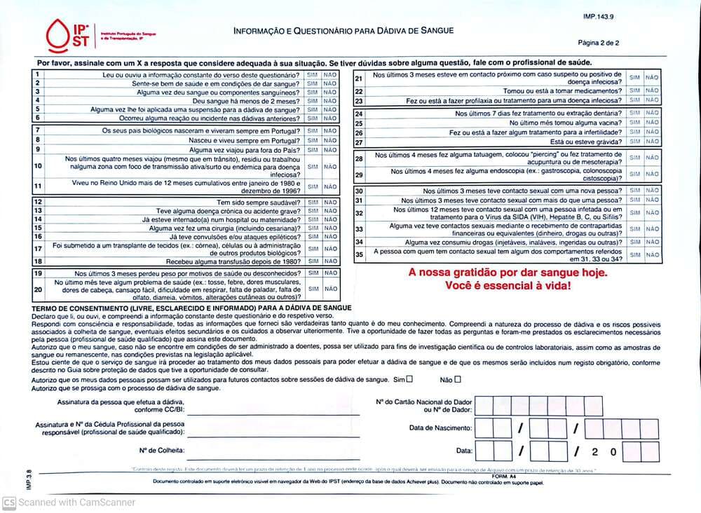 Изображение: Анкета для донорства крови